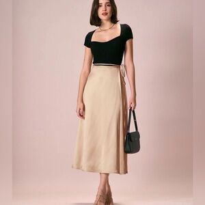 NWT RIHOAS The Khaki Satin Lace-Up Wrap Midi Skirt